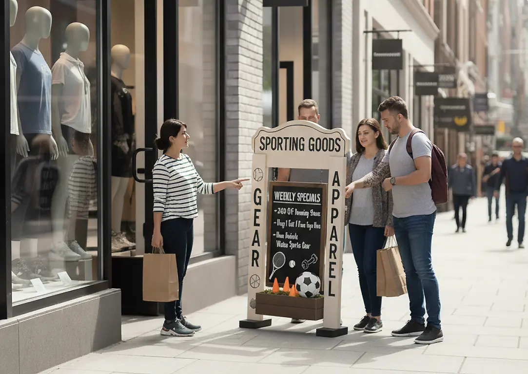 Illustration showing a StandCraft Canada display stand attracting customers to a small business storefront.