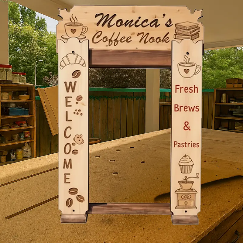 Custom wooden display stand by StandCraft Canada, designed for 'Monica's Coffee Nook' with engraved coffee and pastry illustrations and 'Welcome' text.