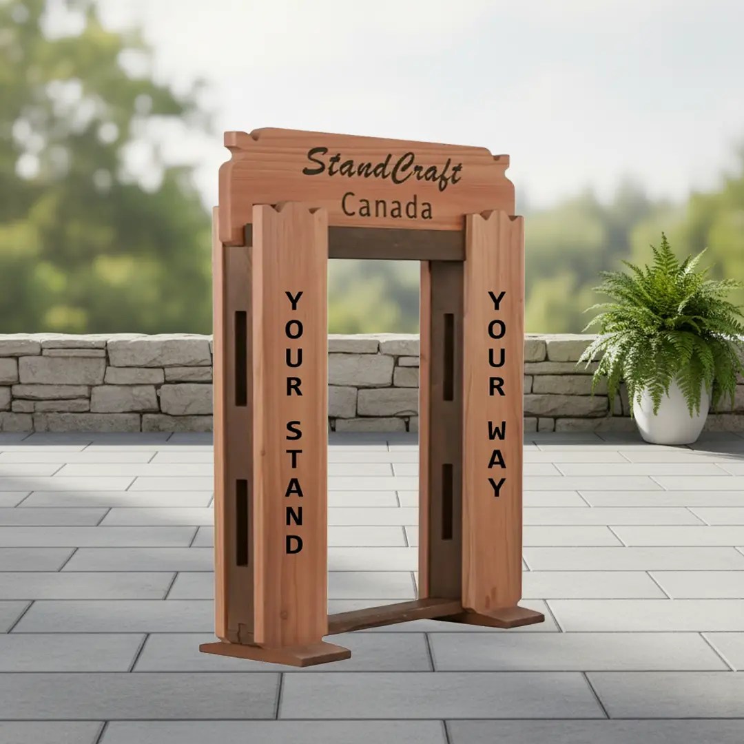 Side perspective view of a cedar StandCraft Canada display stand frame, highlighting the vertical side panels with 'Your Stand Your Way' text.